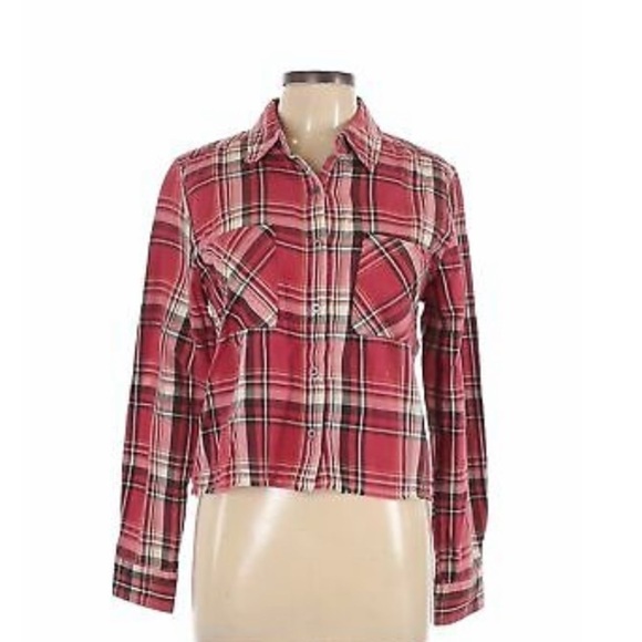 L.A. Hearts Plaid Long Sleeve Button Down Cropped Shirt Size Small - Picture 3 of 8
